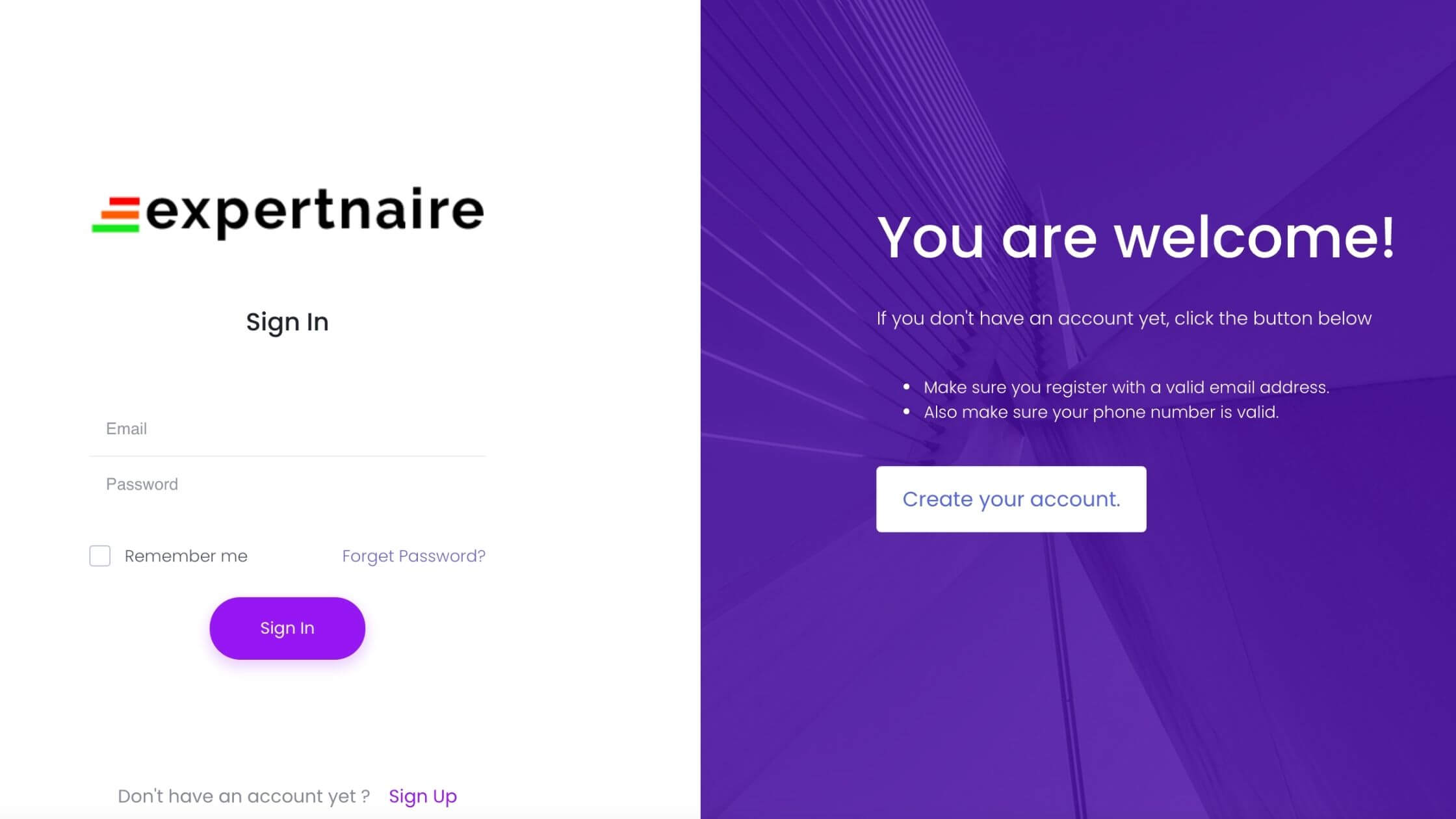 Expertnaire login page