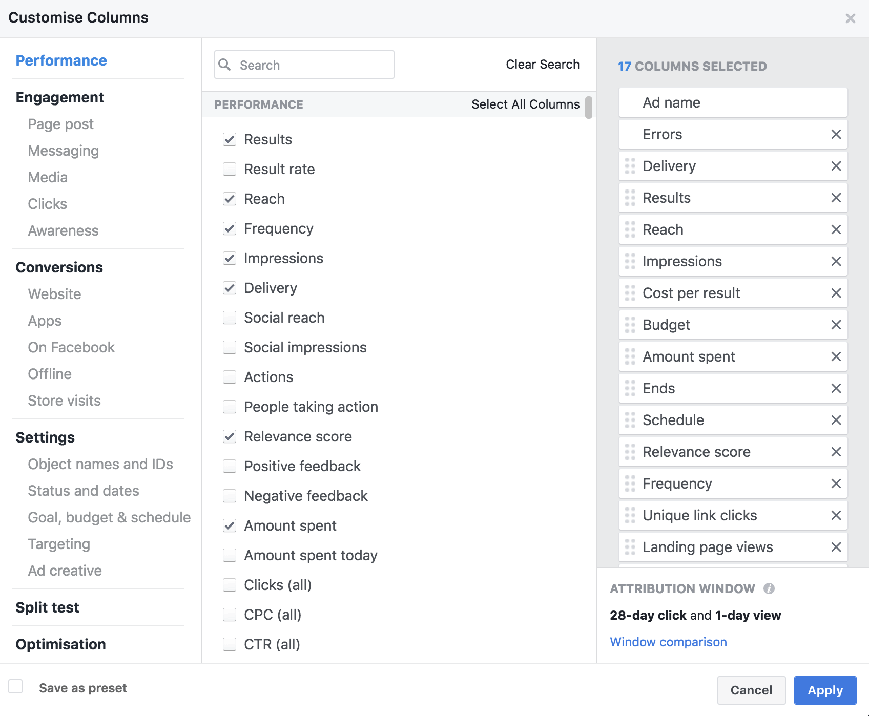 Facebook Ads manager metrics