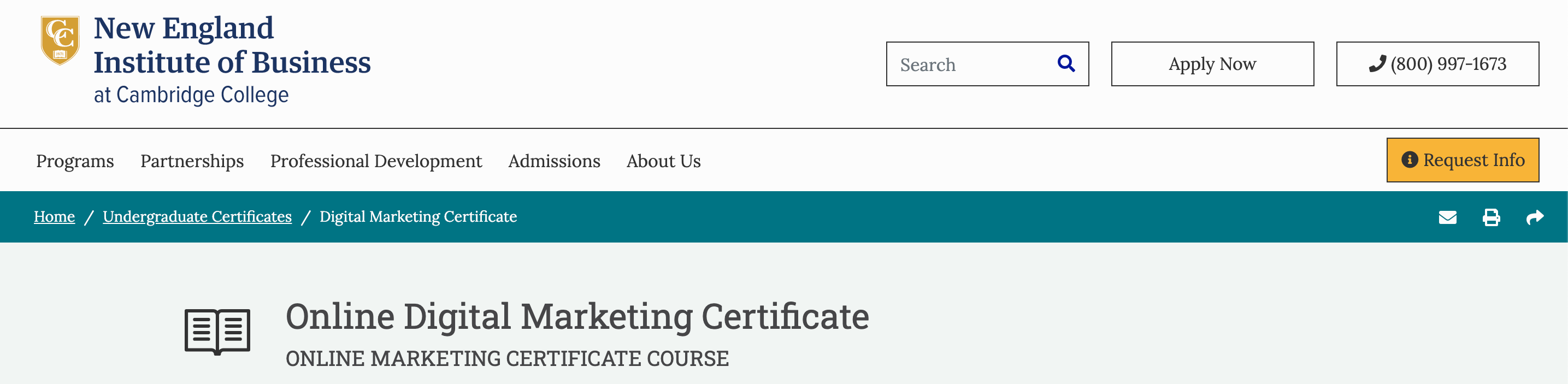 New England College of Business Online Digital Marketing Certificate landing page