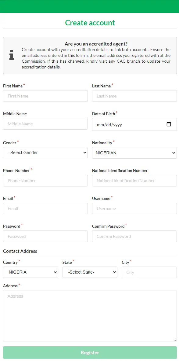 Creating account on CAC registration Portal