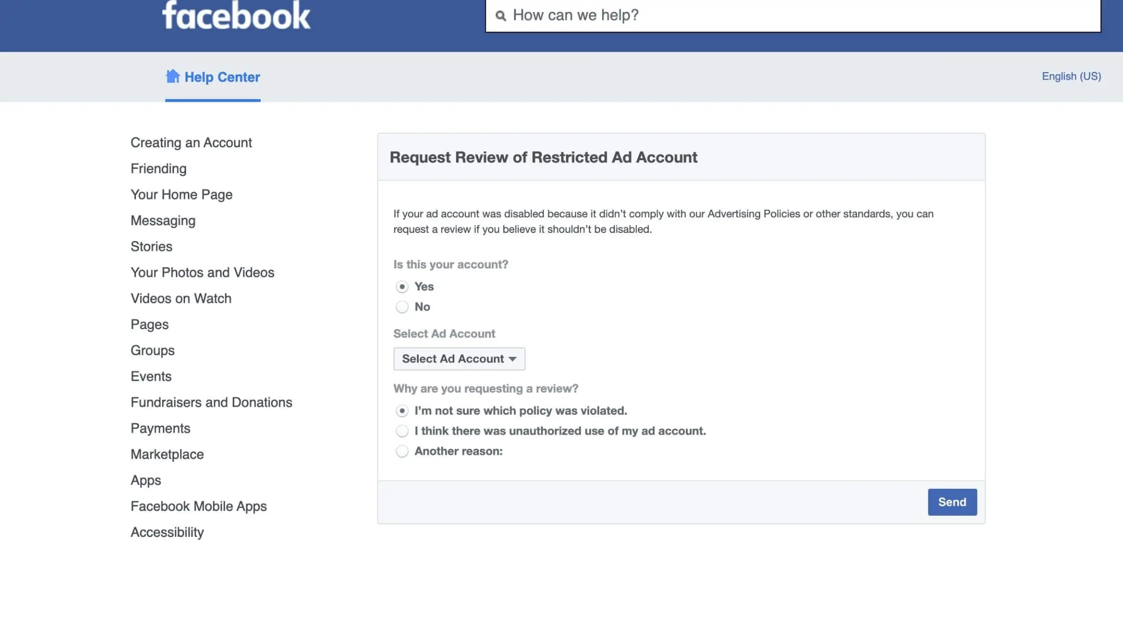 Facebook disabled ad account form