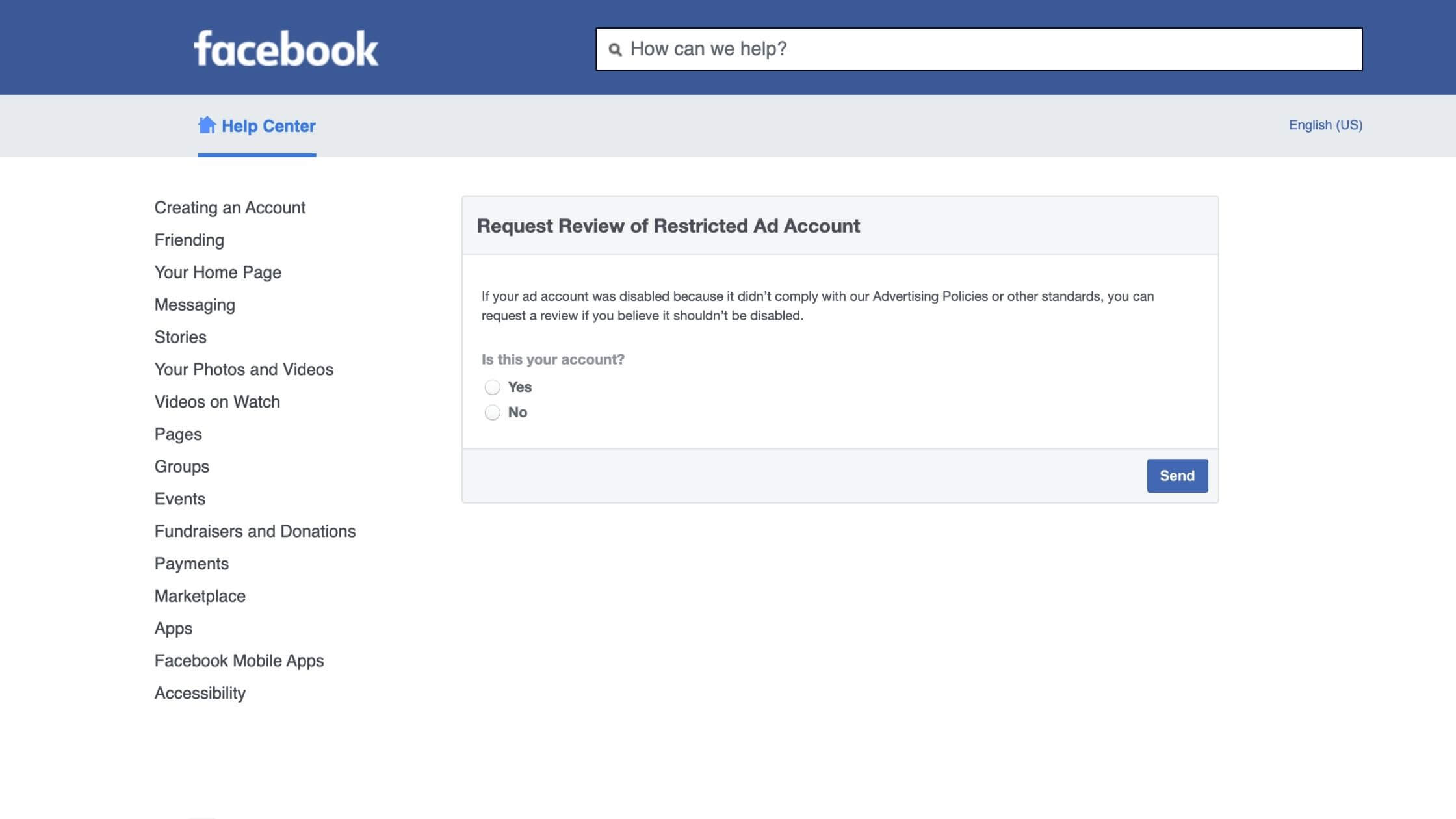 Facebook restricted ad account form