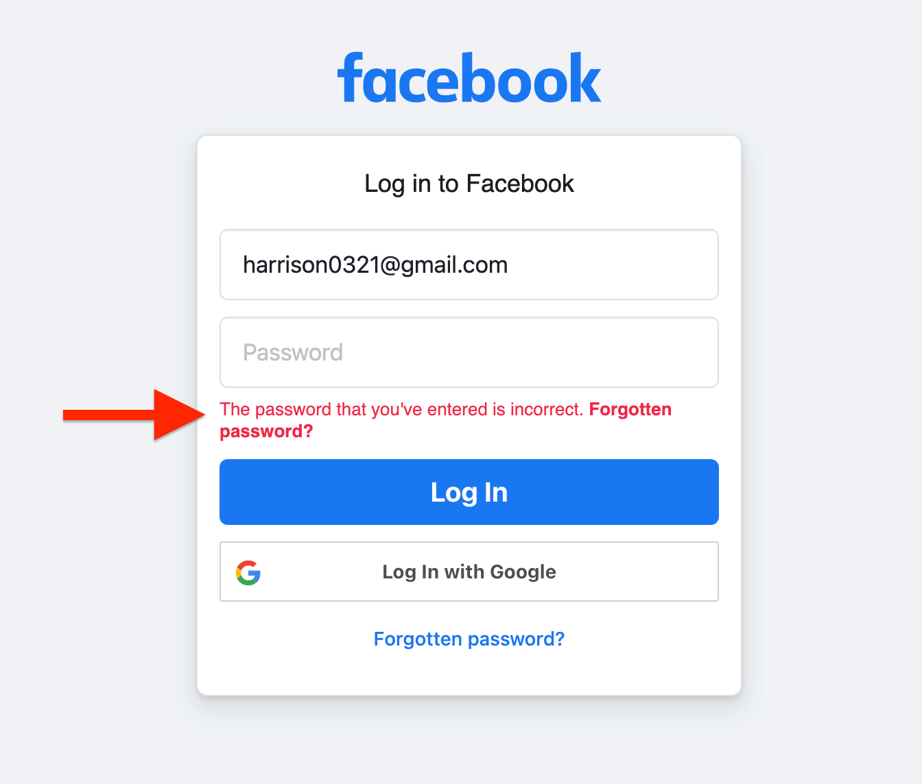 Facebook login error page