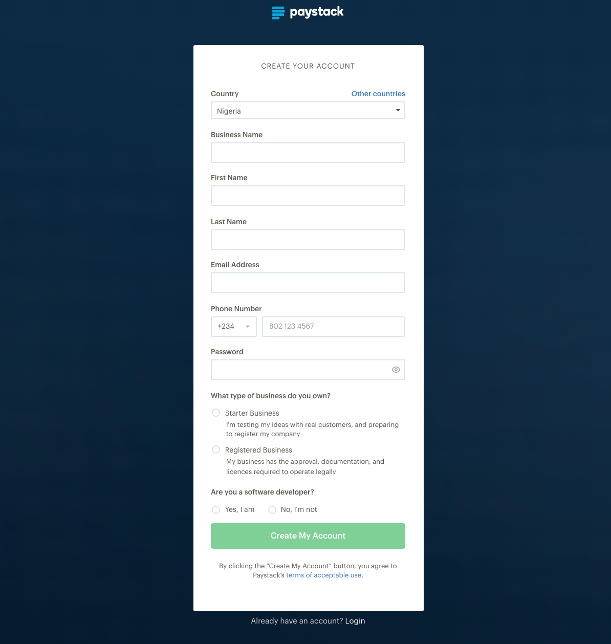 Paystack Sign Up Page
