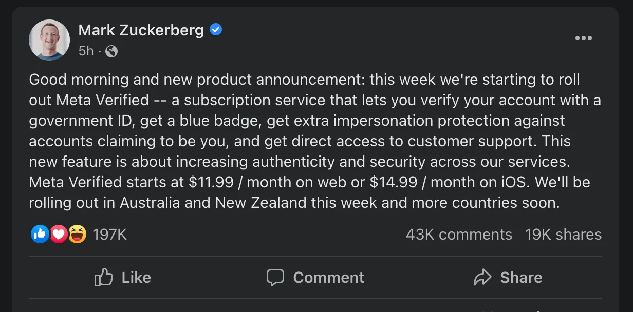 Mark Zuckerberg Facebook Post on Paid Blue Tick